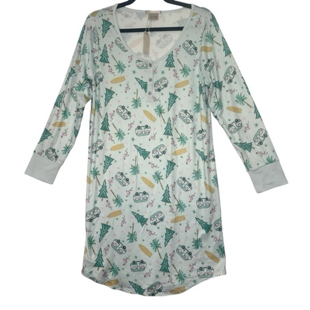 Ink+Ivy Tropical‎ Holiday Camping Long Sleeve Henley Sleepshirt Nightgown Small